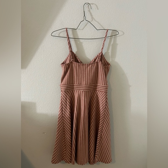 linen cotton pink & cream striped pleated mini sun dress size small - Picture 4 of 5